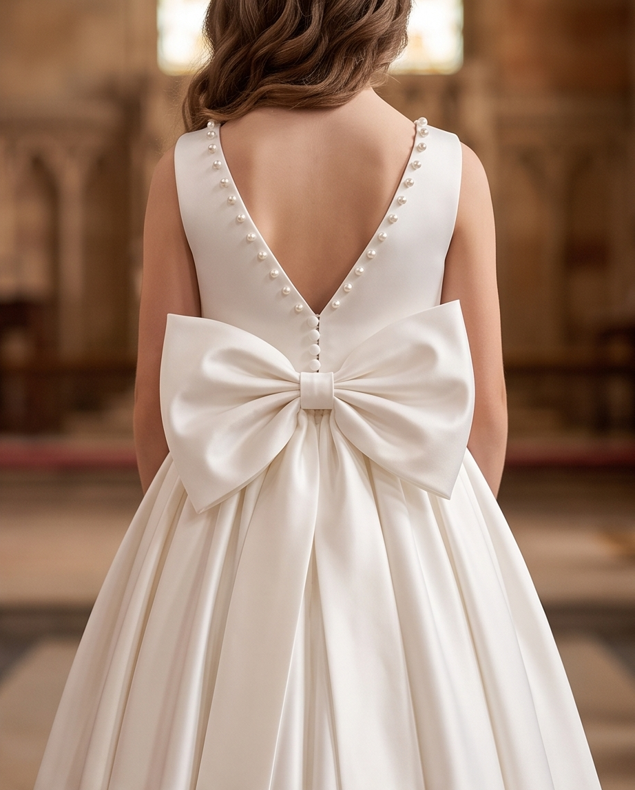 White girls communion dress with softly flowing full-length skirt
