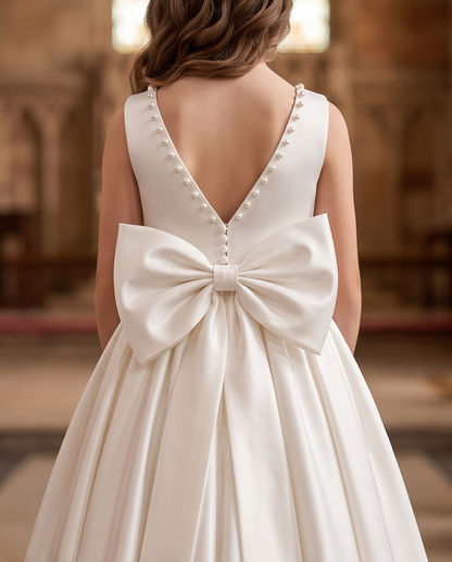 White girls communion dress with softly flowing full-length skirt