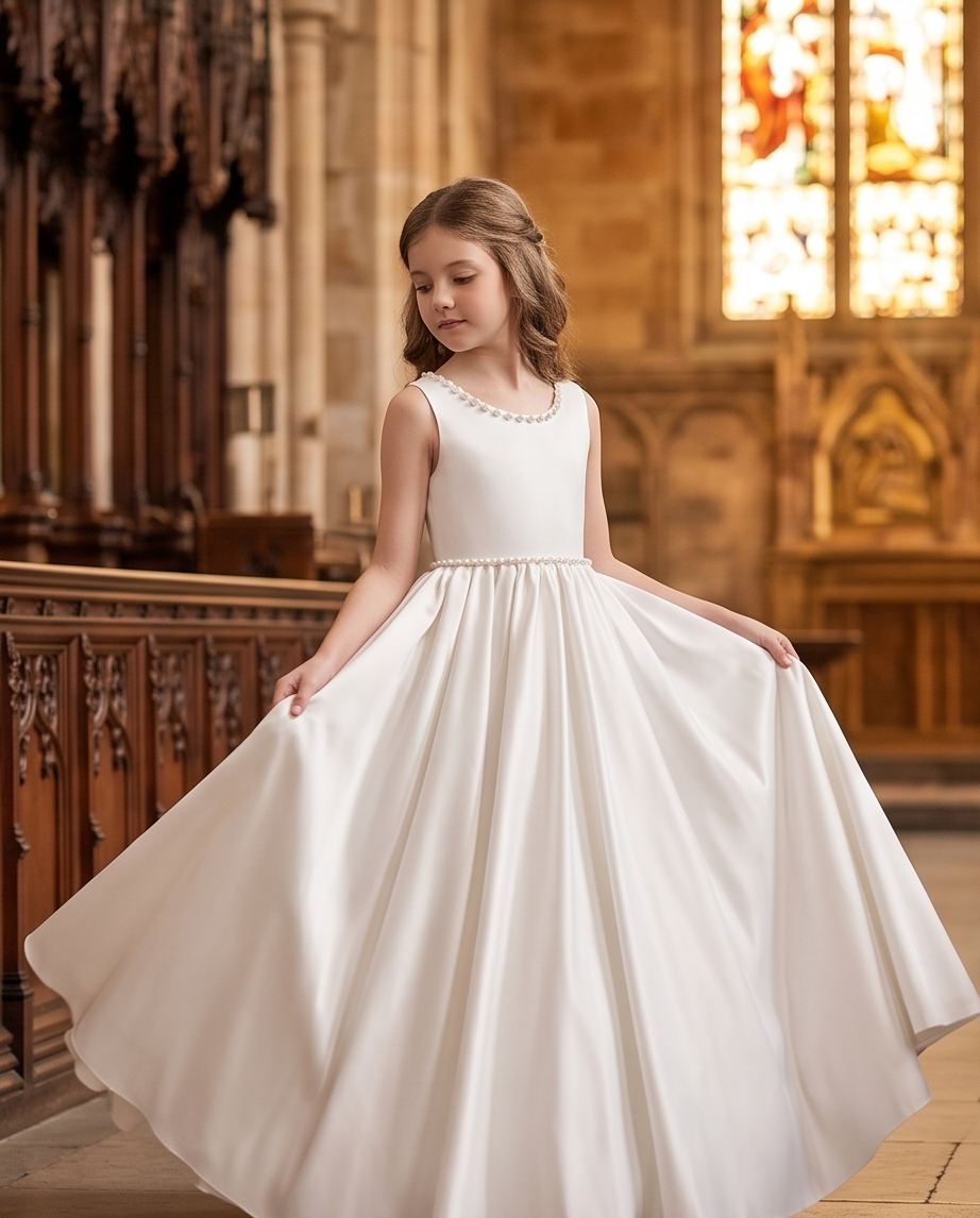 White full-length communion dress shown in a church setting