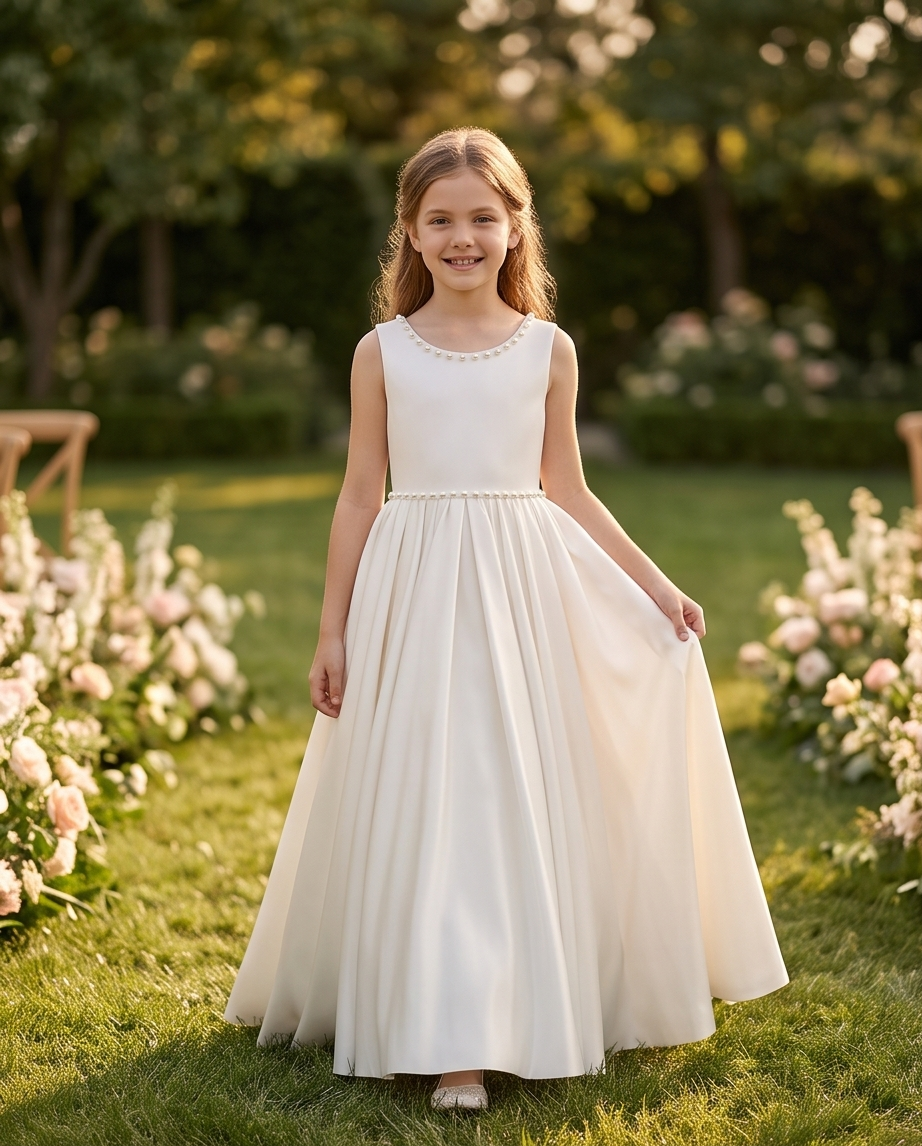 Back detail of white communion dress with pearl-trimmed straps and bow
