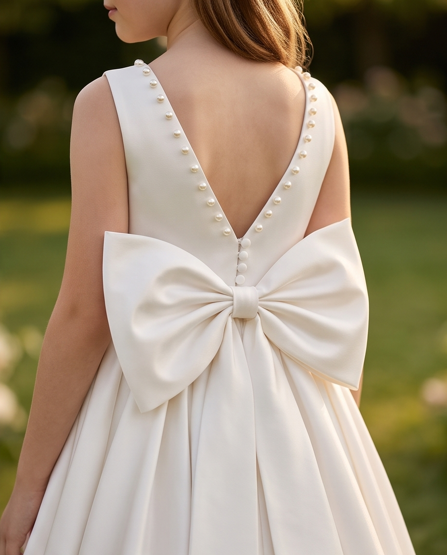 Front view of white girls communion dress with pearl-trimmed neckline