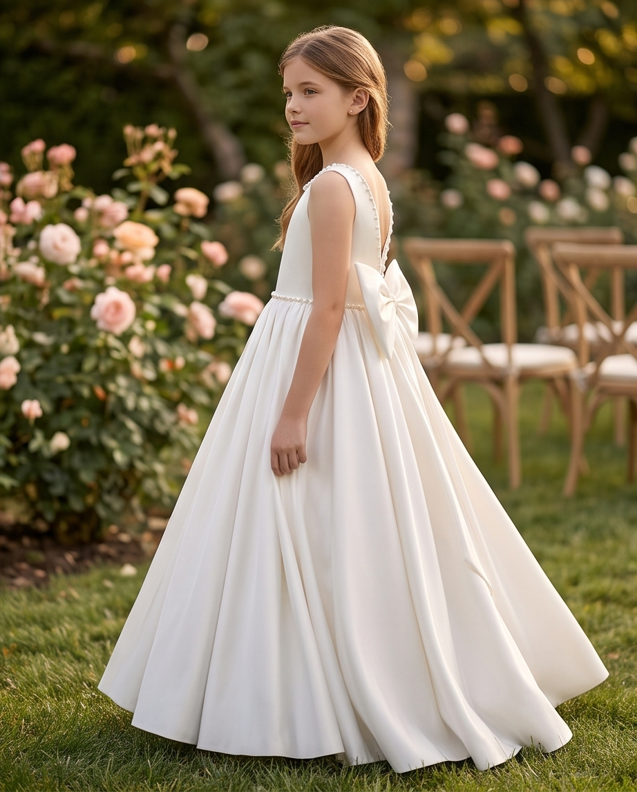Rear detail of white communion dress with statement bow