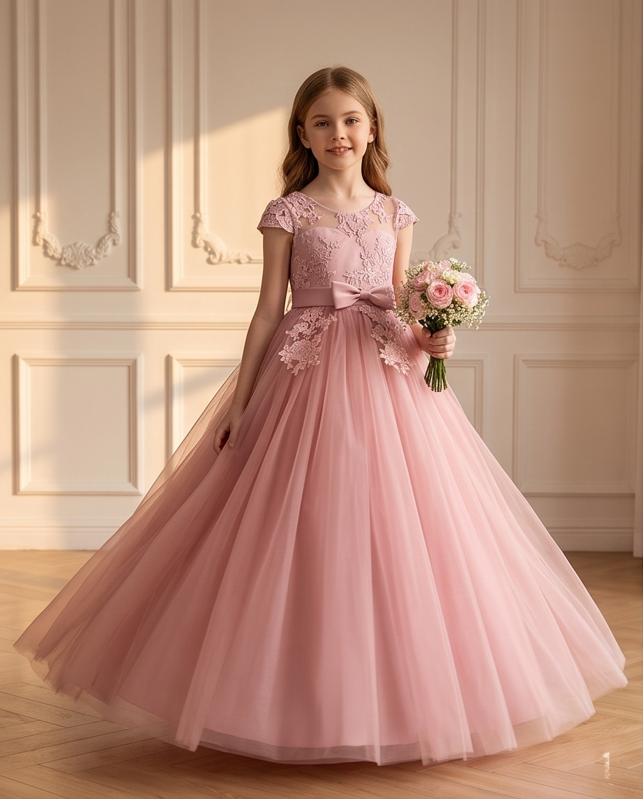 Back detail of blush pink flower girl dress with lace appliqué