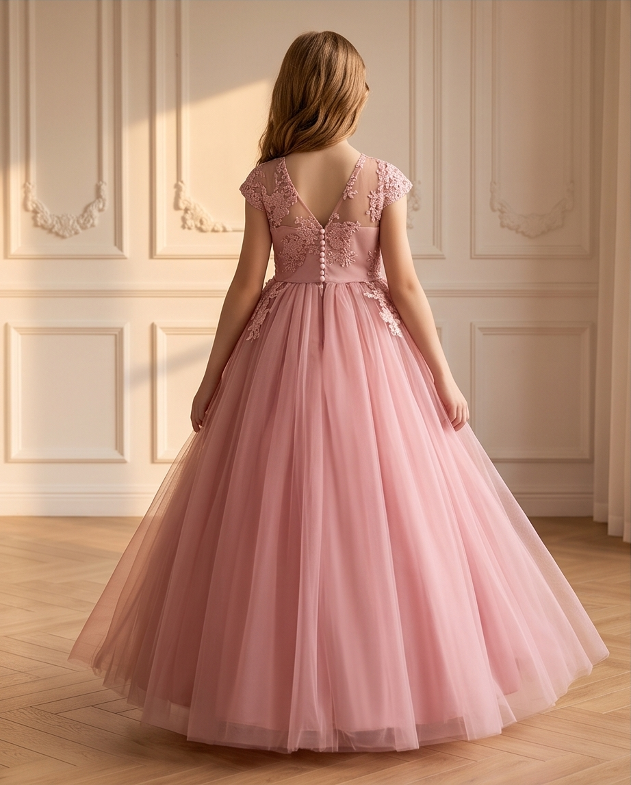 Close-up of floral lace appliqué on blush pink girls dress