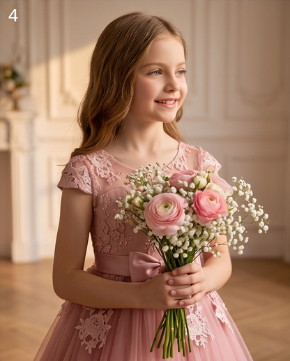 Full view of blush pink flower girl dress with layered skirt