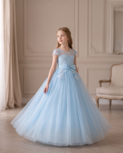 Light blue flower girl dress shown with flowing layered skirt