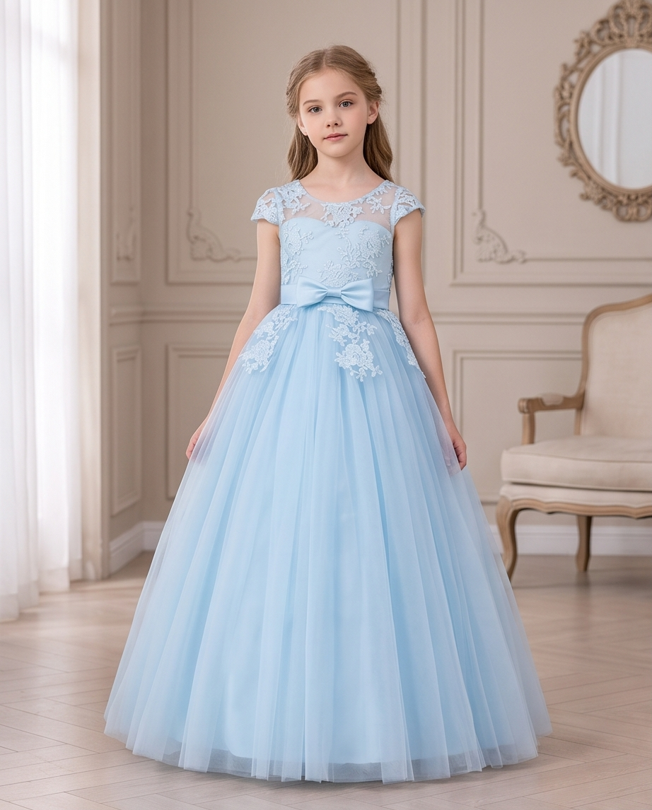 Back view of light blue flower girl dress with lace appliqué and buttons