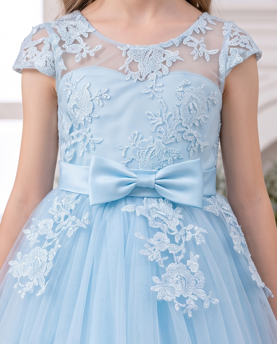 Light blue lace flower girl dress shown in a formal interior