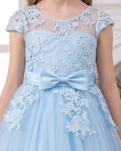 Light blue lace flower girl dress shown in a formal interior