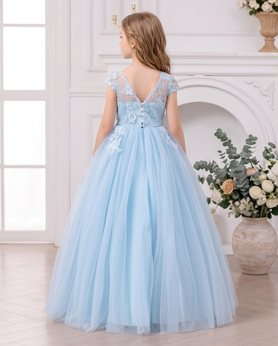 Front detail of floral lace bodice and waist bow on light blue dress
