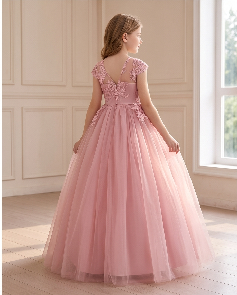 Blush pink flower girl dress shown with a bouquet