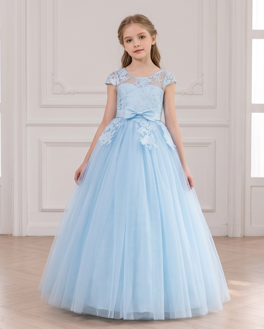 Light blue flower girl dress with floral lace bodice and full skirt