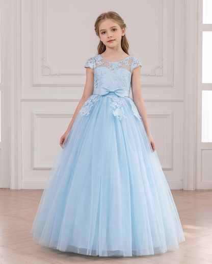 Light blue flower girl dress with floral lace bodice and full skirt
