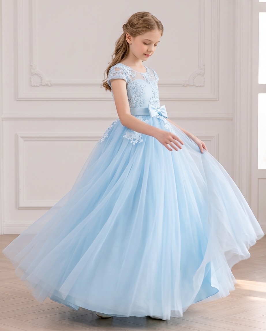 Close-up of floral lace appliqué and buttons on light blue girls dress