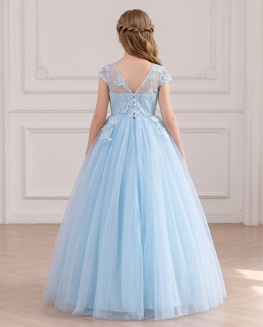Back view of light blue lace flower girl dress with button detail
