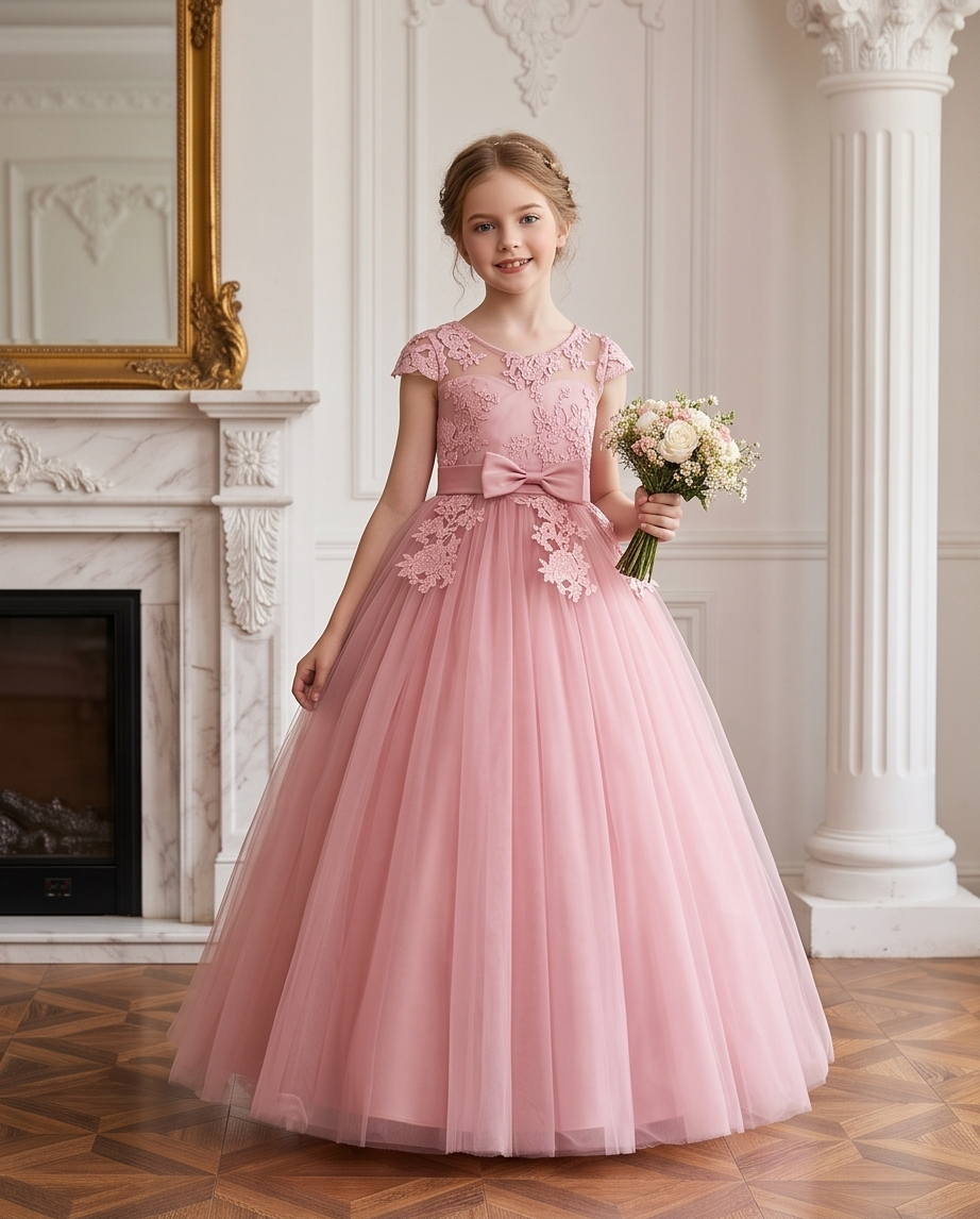 Close-up of floral lace appliqué and satin bow on pink flower girl dress
