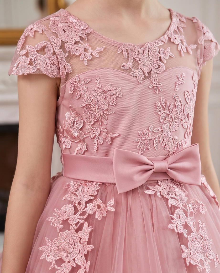 Rear view of blush pink full-length flower girl dress