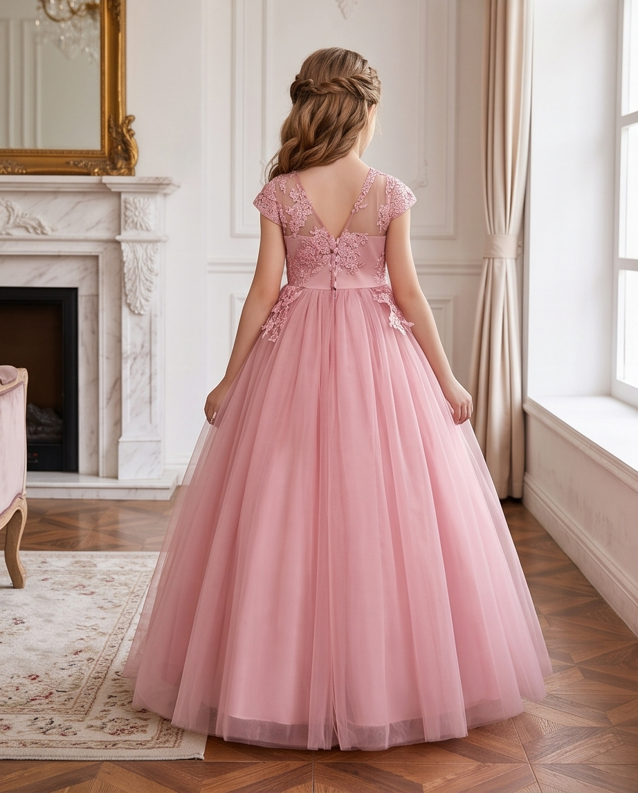 Back view of blush pink flower girl dress with lace bodice