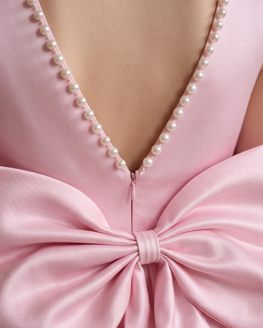 Detail view of pearl-trimmed neckline and bow on pink flower girl dress