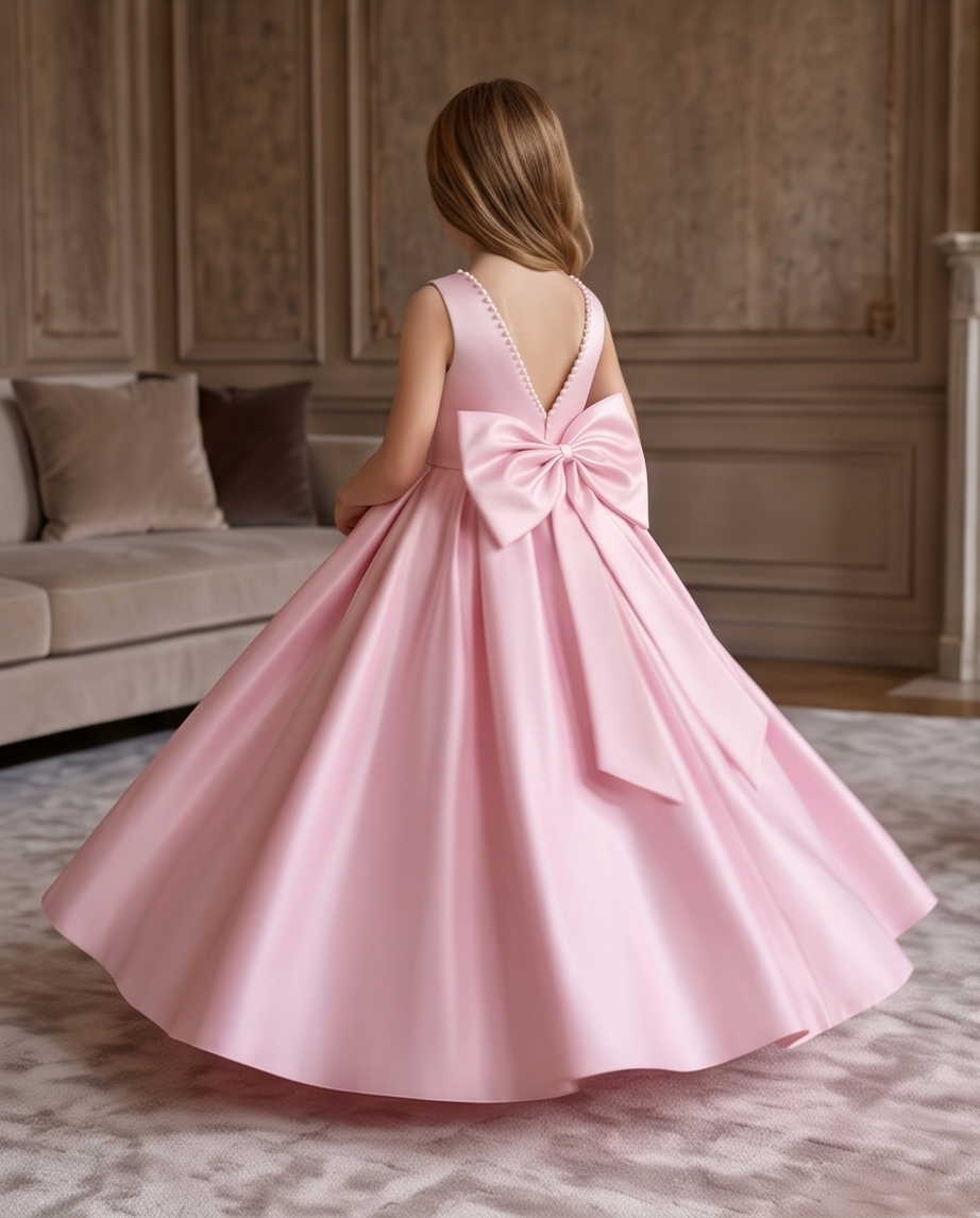 Full view of blush pink girls flower girl dress