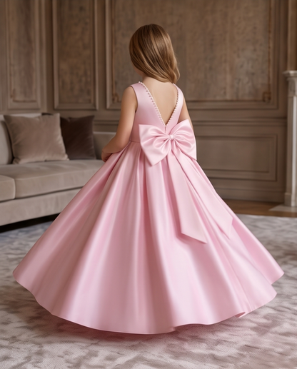 Full view of blush pink girls flower girl dress