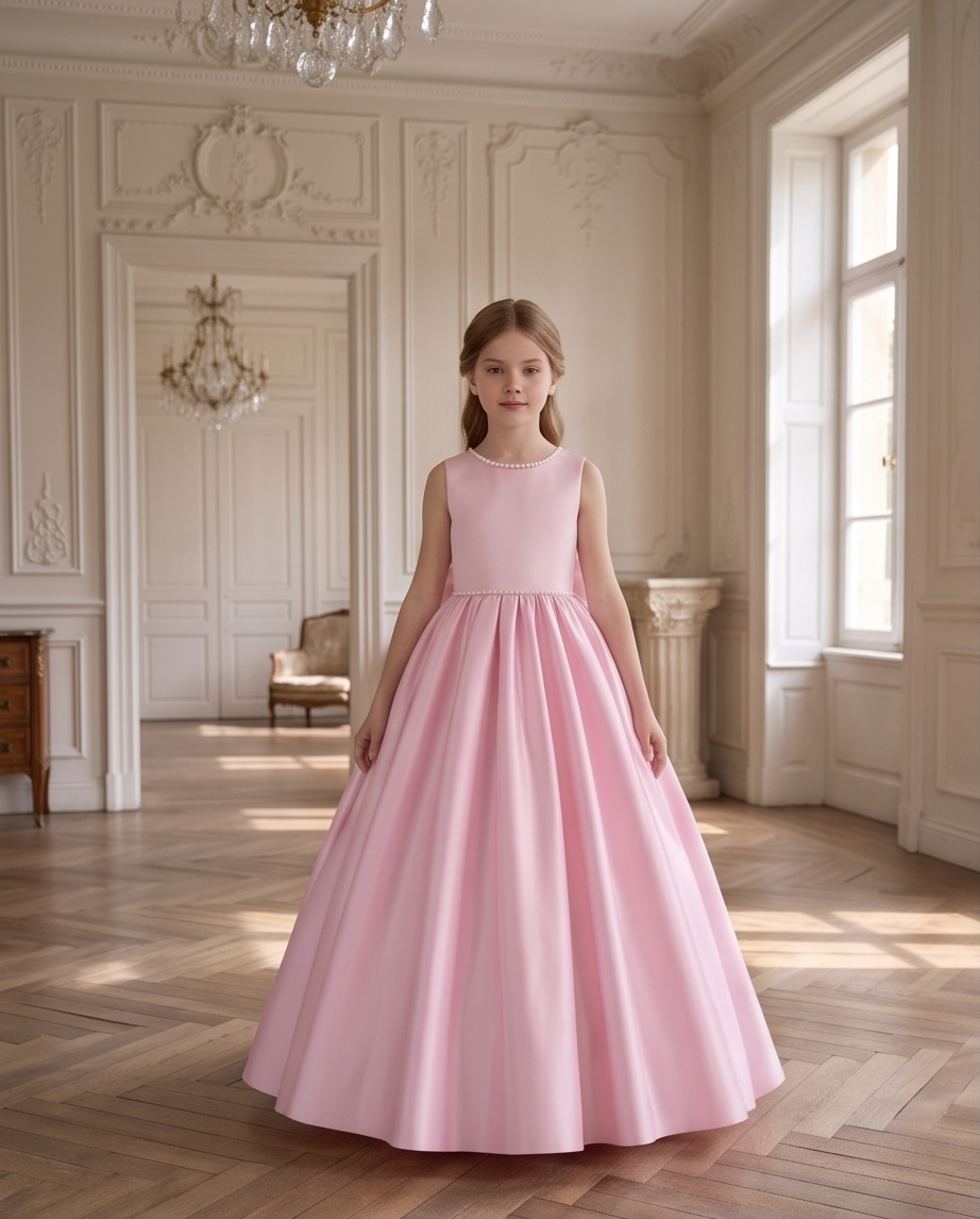 Close-up of pearl trim at the waist of blush pink flower girl dress