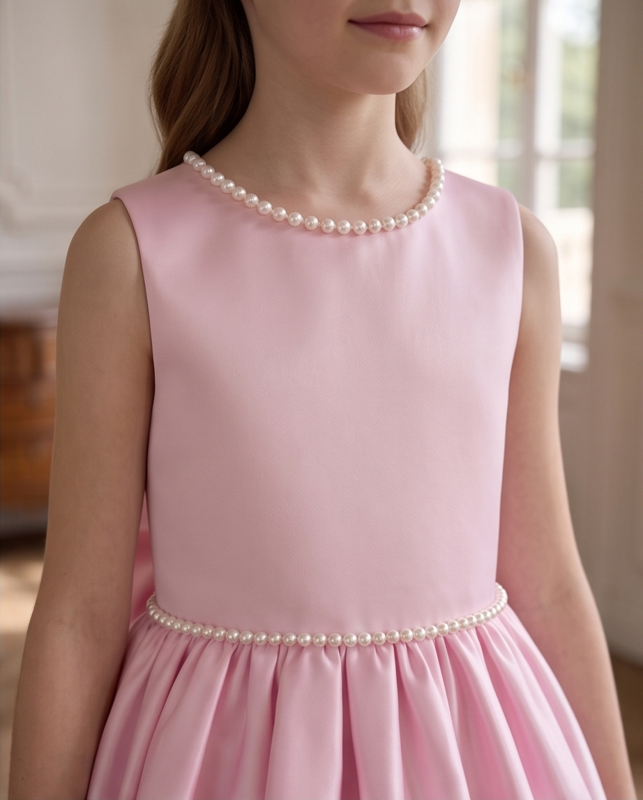 Back detail of blush pink flower girl dress and large bow