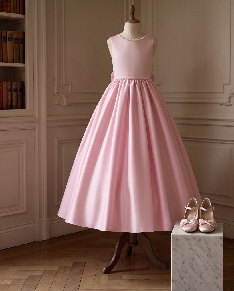 Front view of blush pink flower girl dress with full gathered skirt