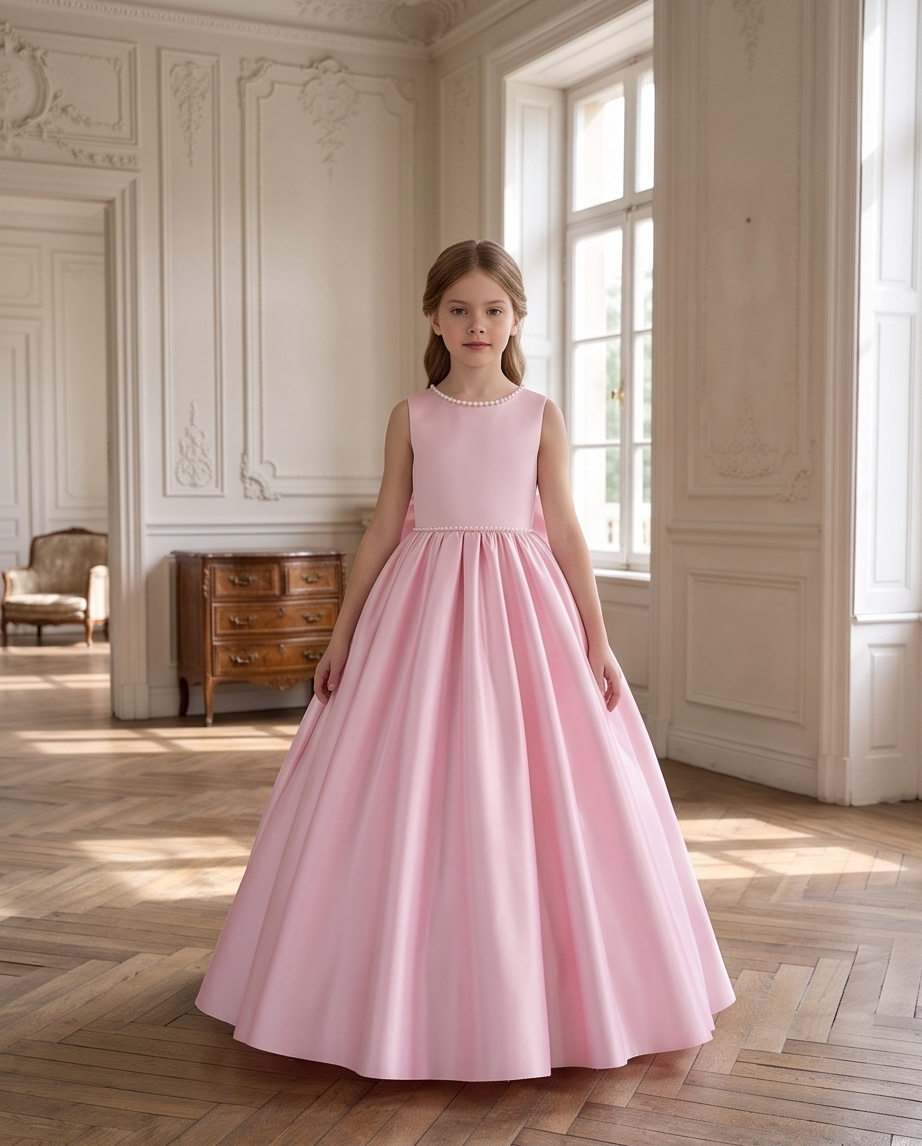Close-up of pearl trim on blush pink flower girl dress