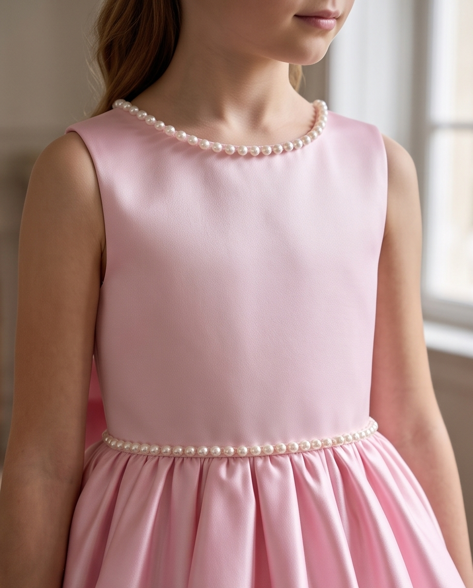 Back view of blush pink full-length flower girl dress with bow