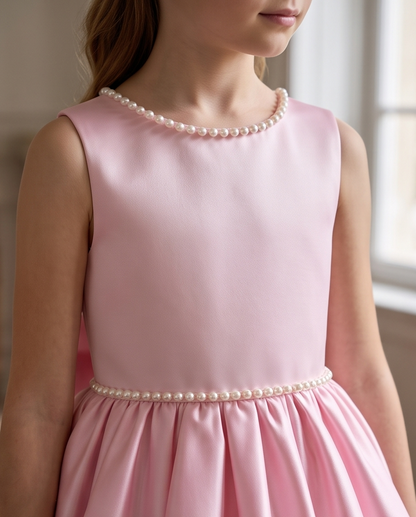 Back view of blush pink full-length flower girl dress with bow