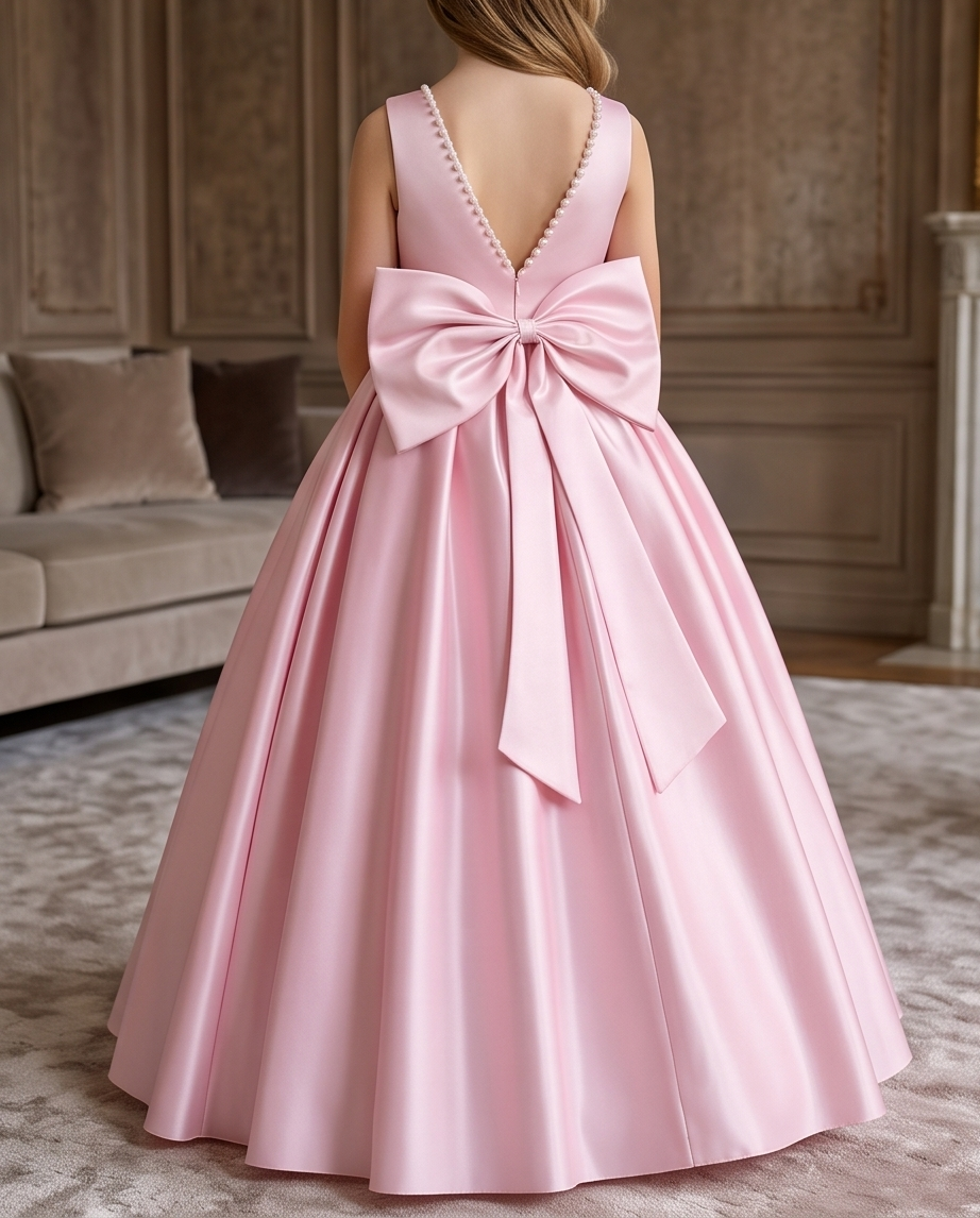 Blush pink flower girl dress displayed on a mannequin with pearl trim