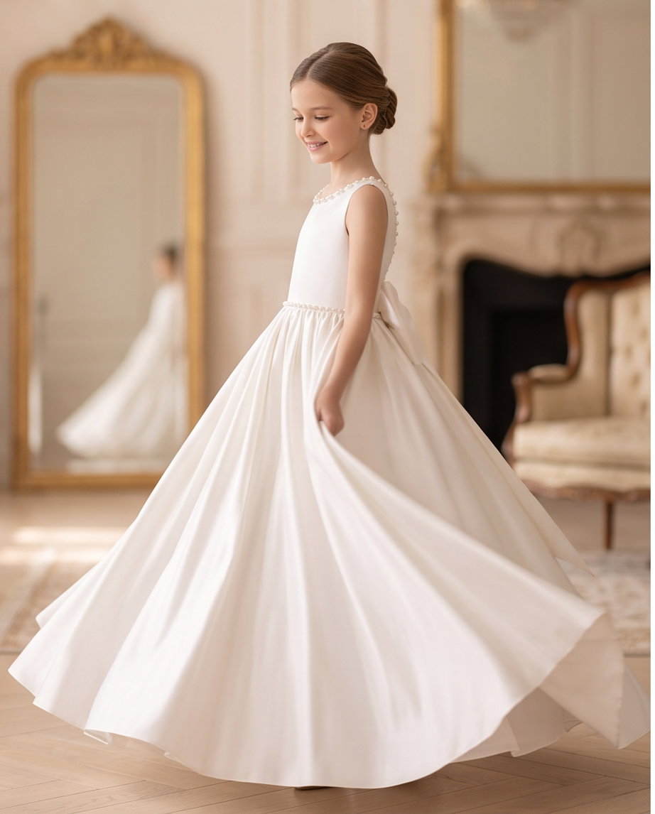 White girls communion dress with pearl-trimmed neckline and full skirt