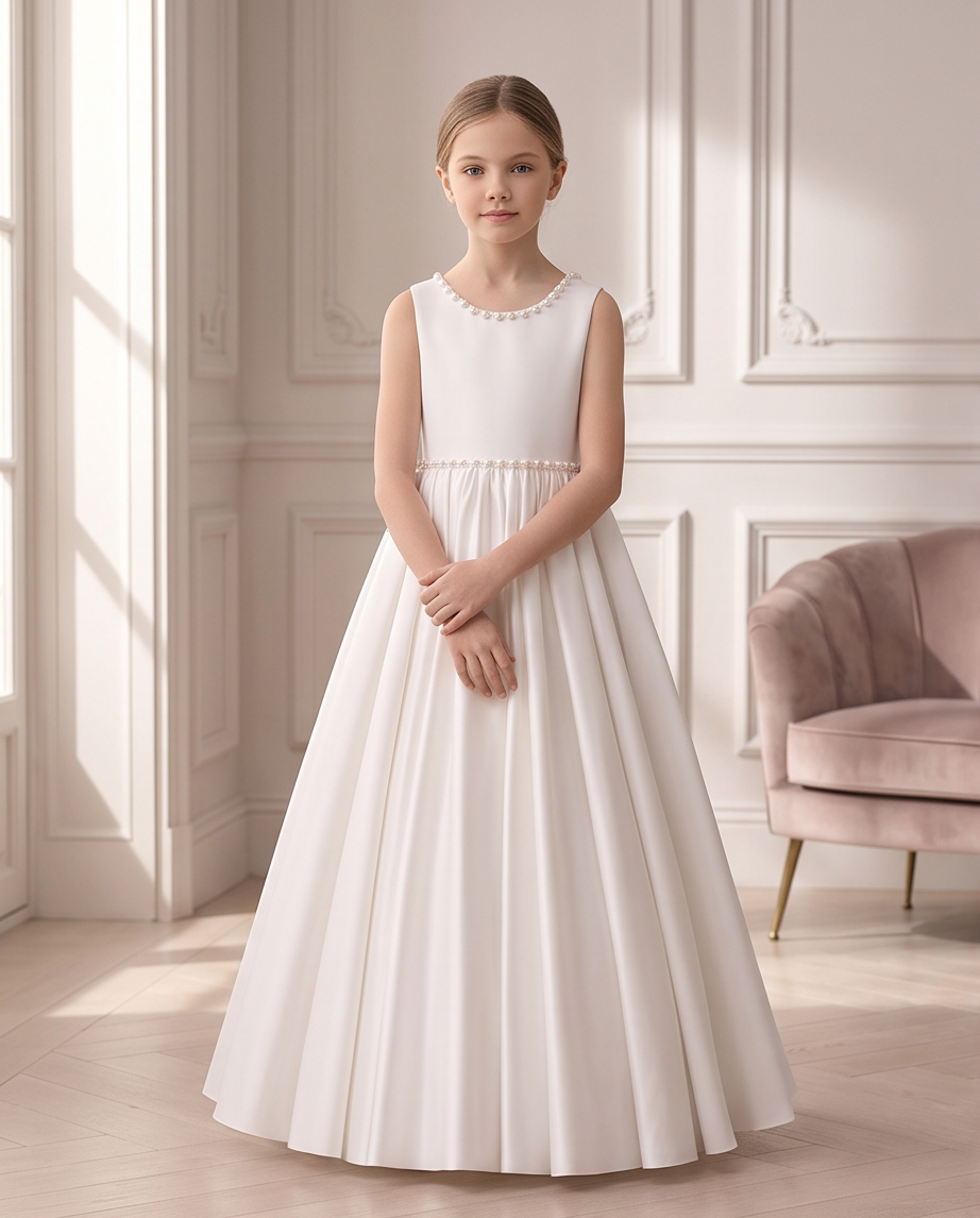 Close-up of large bow and pearl trim on white communion dress