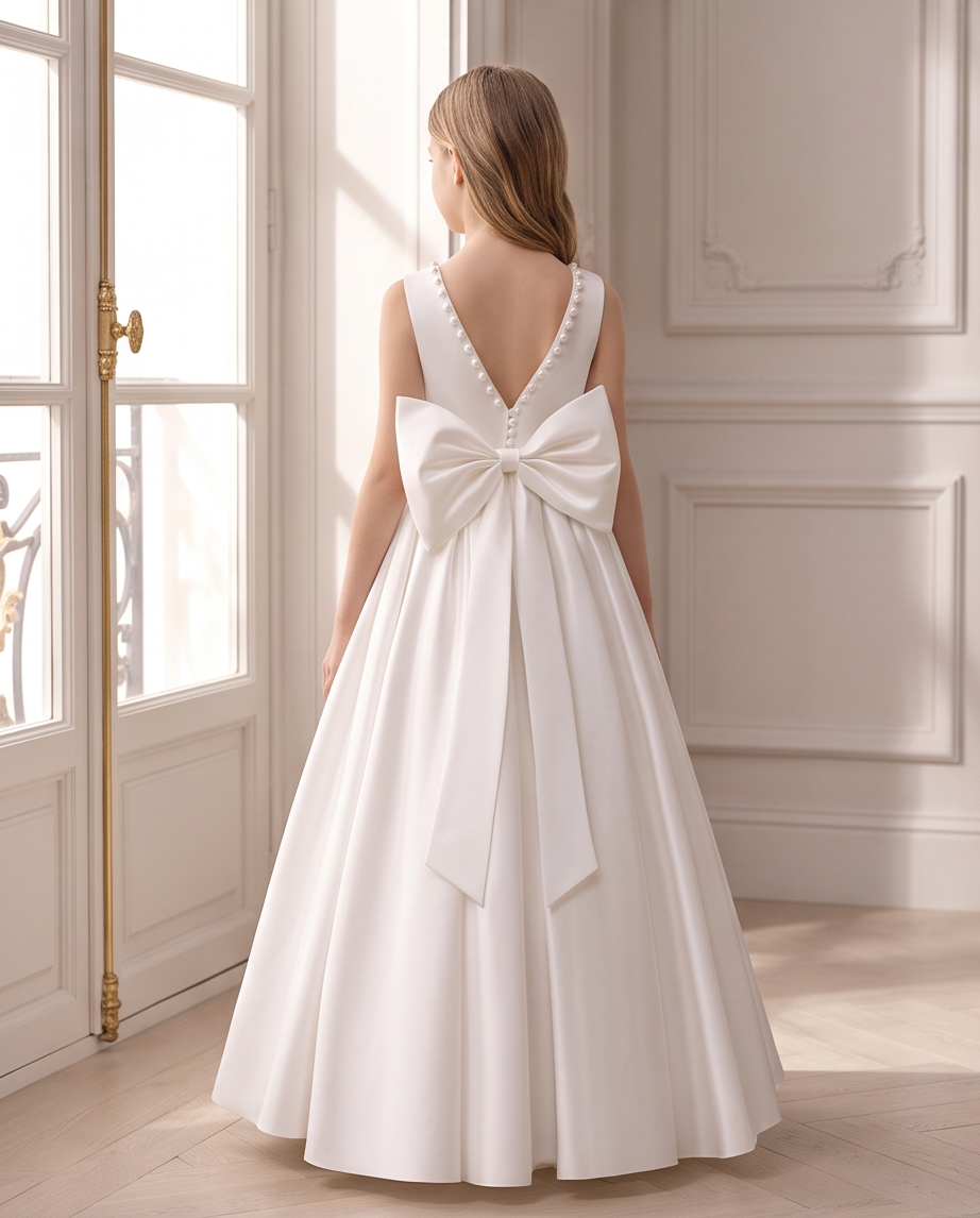 Side view of white full-length communion dress with back bow