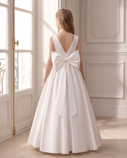 Side view of white full-length communion dress with back bow