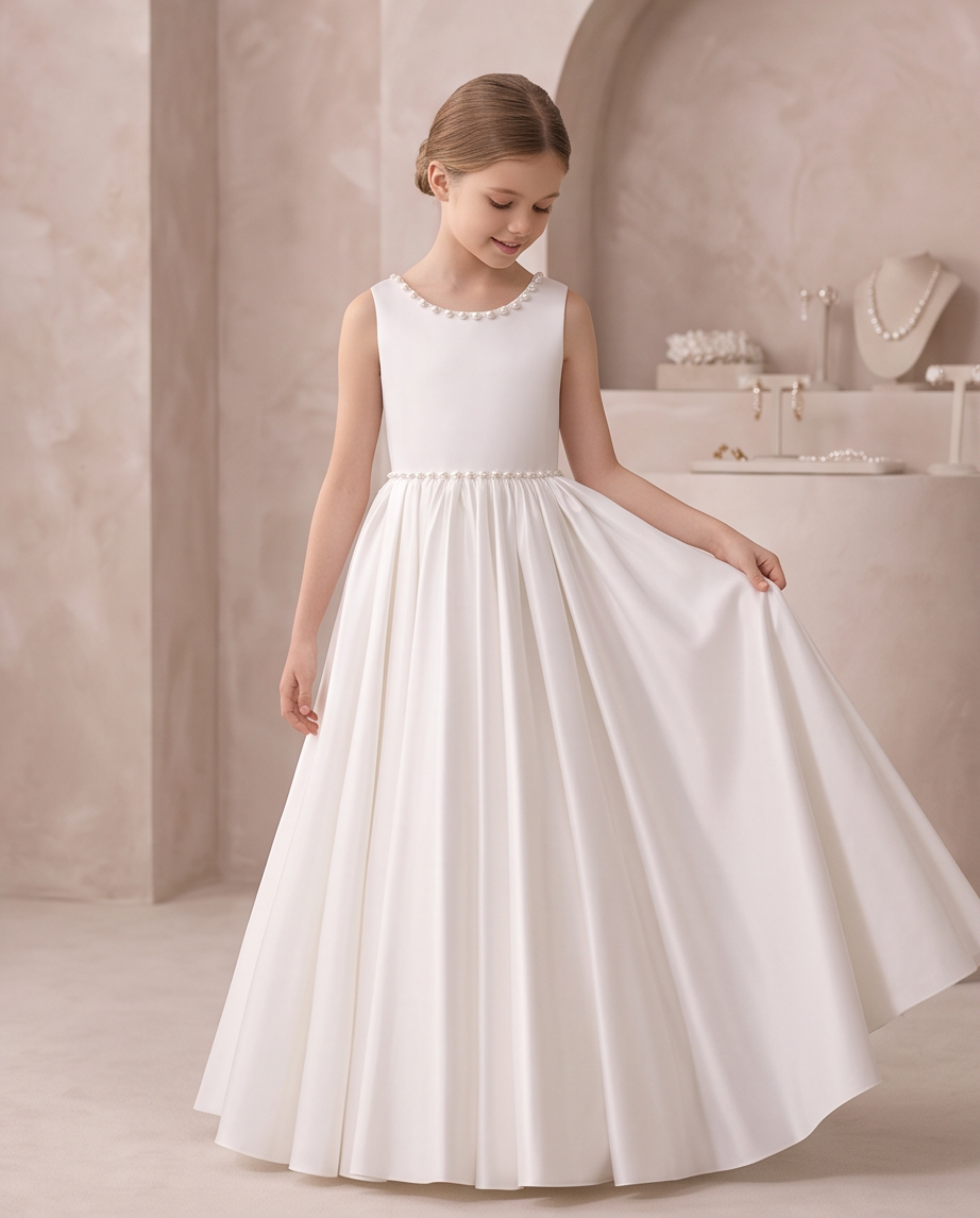 Back view of white communion dress with large bow and pearl trim