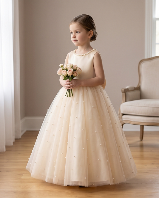 Girls Champagne Pearl Neckline Satin & Tulle Dress with V-Back Bow