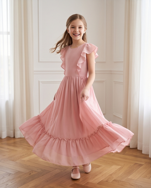Girls Dusty Pink Ruffle Maxi Dress – Size 10