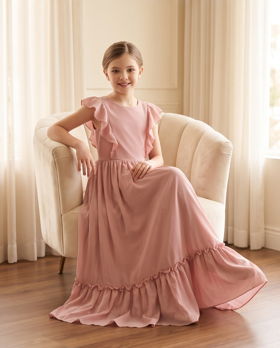 Girls Dusty Pink Ruffle Maxi Dress – Size 10