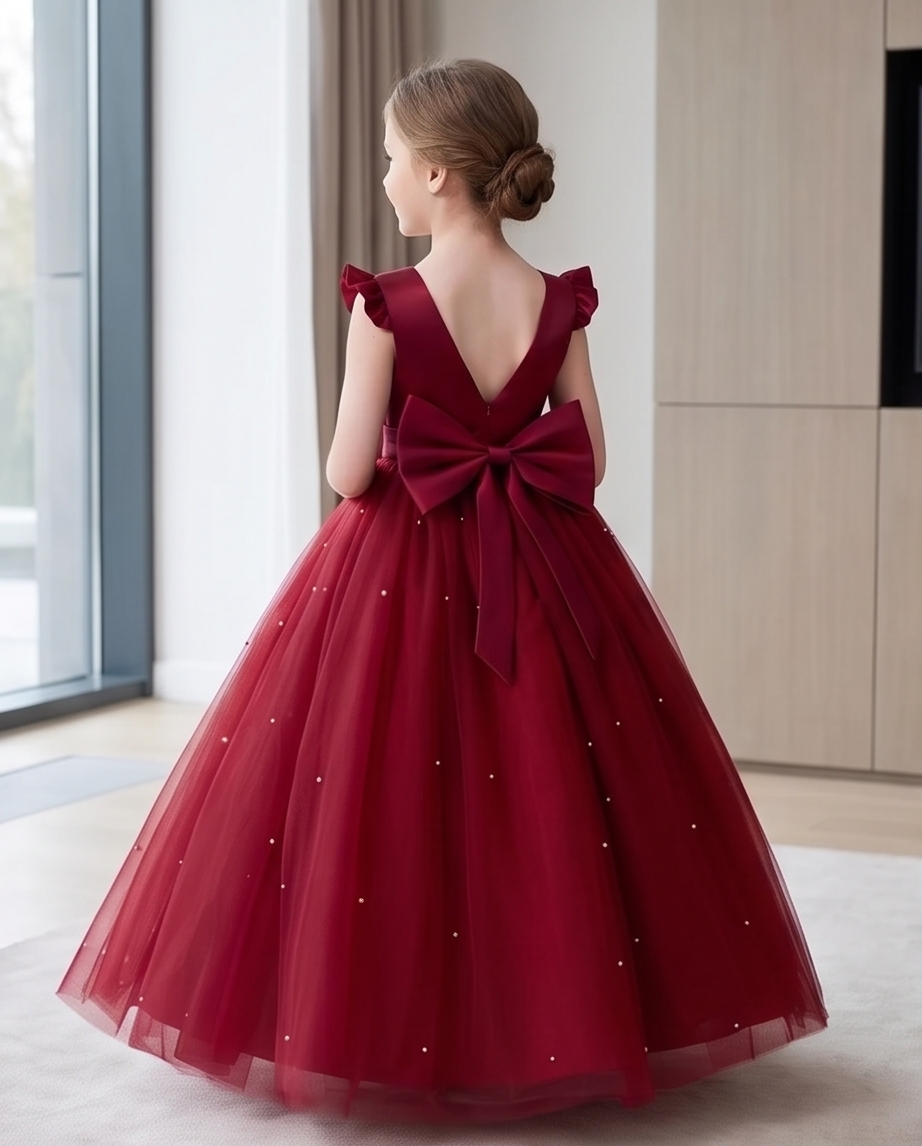 Burgundy tulle dress, rear side view