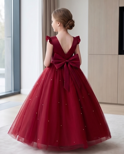Burgundy tulle dress, rear side view