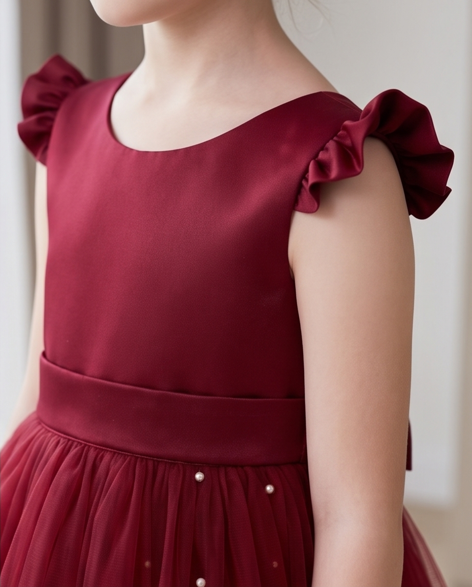 V-back burgundy dress with oversized bow