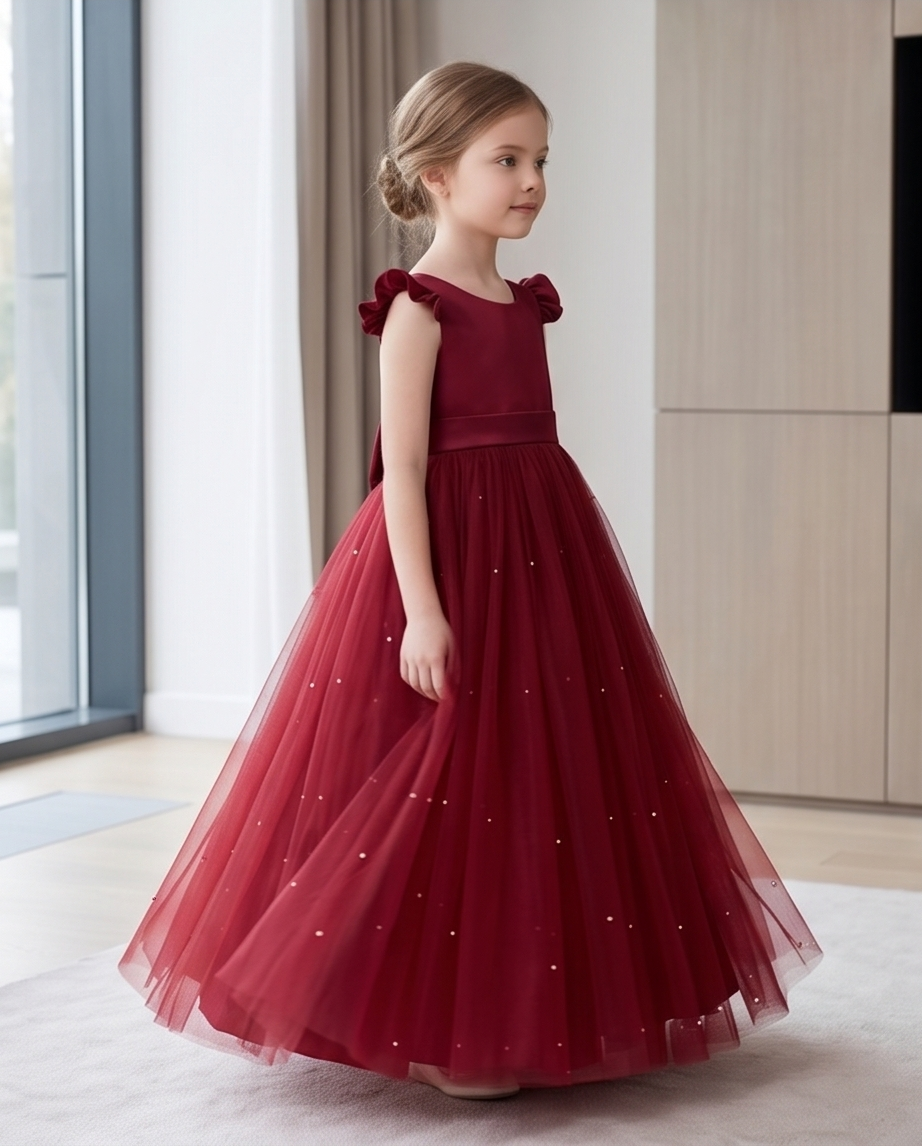 Burgundy tulle dress, side view