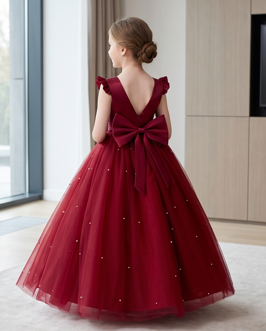 Burgundy occasion dress with ruffled shoulders