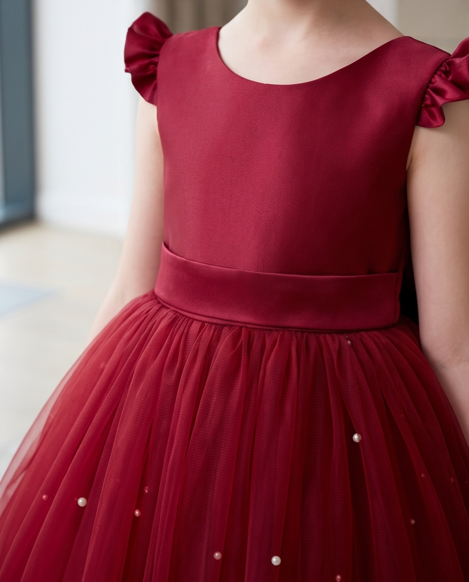 Burgundy girls' tulle dress, front view