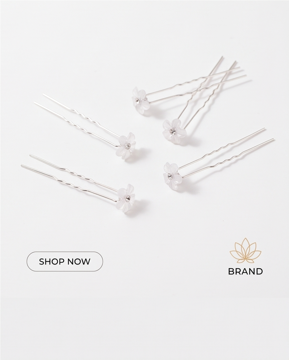 White flower hair pins worn in a half-up hairstyle