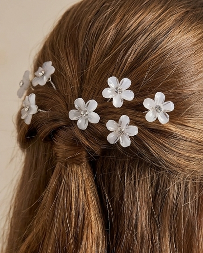 Close-up of white floral hair pin