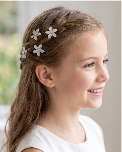 White flower hair pins on white background