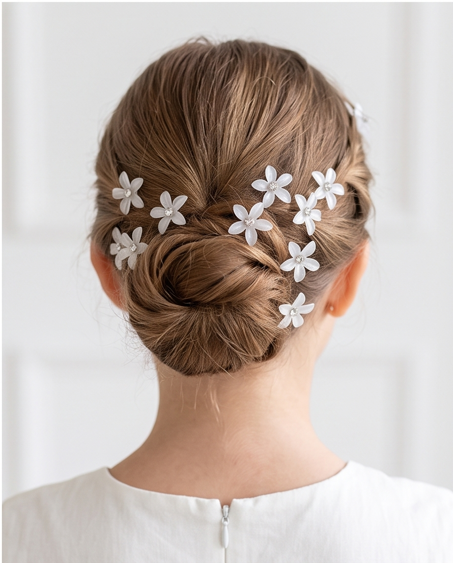 White flower hair pins with sparkling centres arranged on fabric